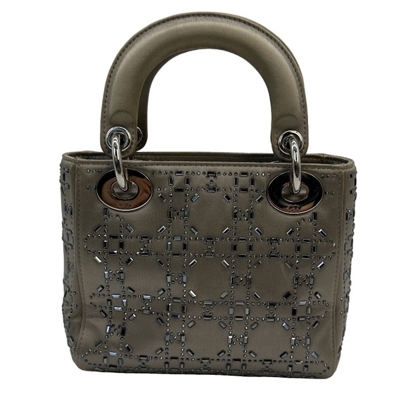 Dior Mini Lady Dior Silver Beaded Gray Satin Handbag - Picture 1 of 4
